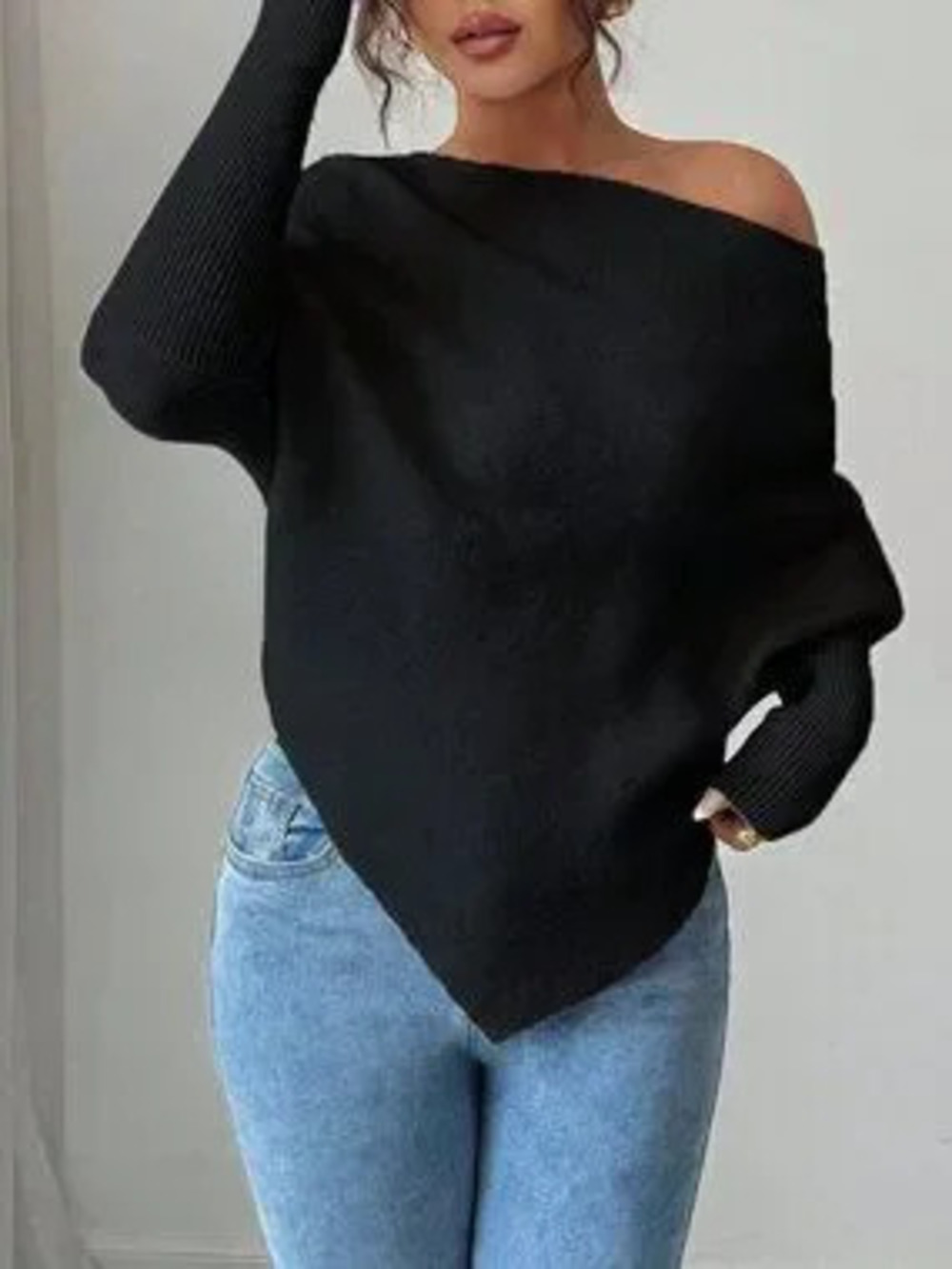 ZARA Black Casual Women's Asymmetrical Boat Neck Batwing Rib-Knit Pullover